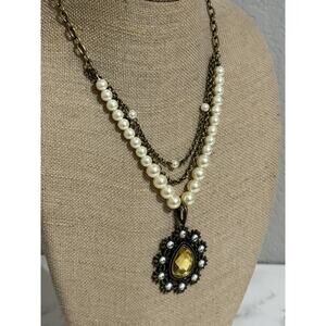 Vintage Triple Strand Necklace Faux Pearl with Amber Yellowish Stone Chain